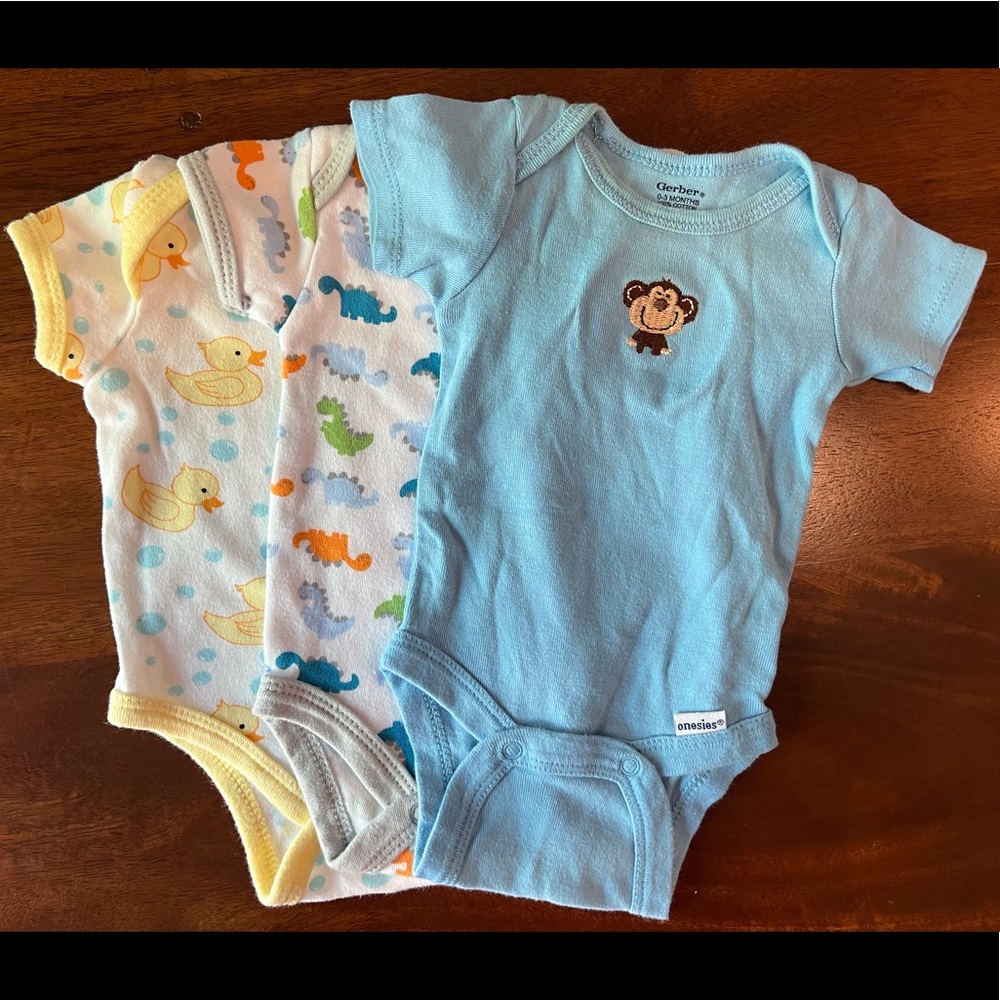 Three onesies, size 0-3 months
